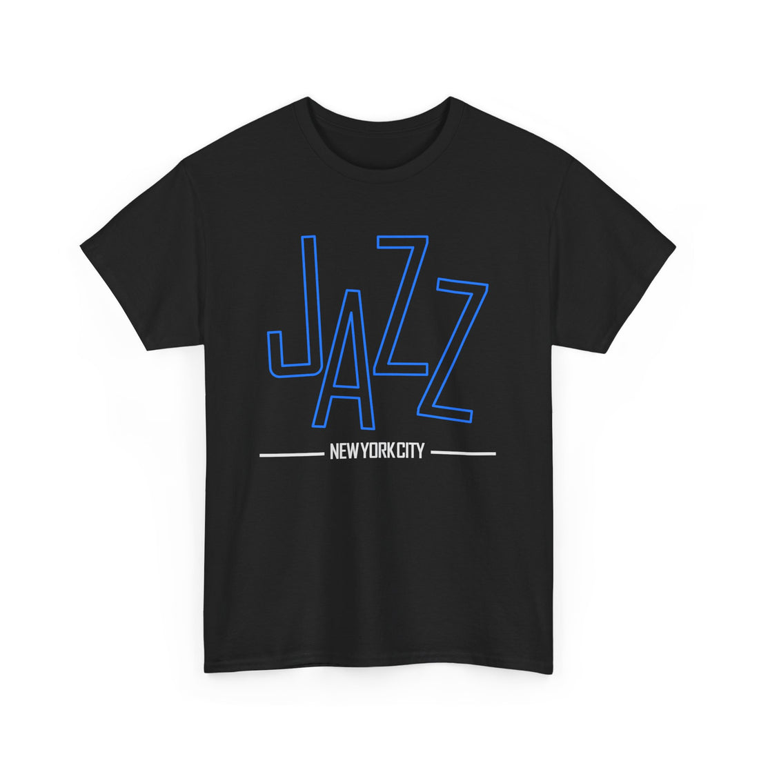 A black t shirt with an outline of the word ‘JAZZ’ in blue colour. Underneath in white are the words ‘New York City’