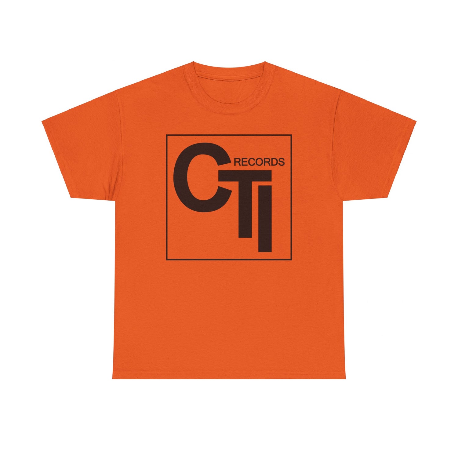 CTI Records Logo in black text on multi coloured t-shirts
