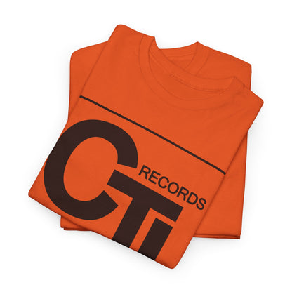 CTI Records Logo in black text on multi coloured t-shirts