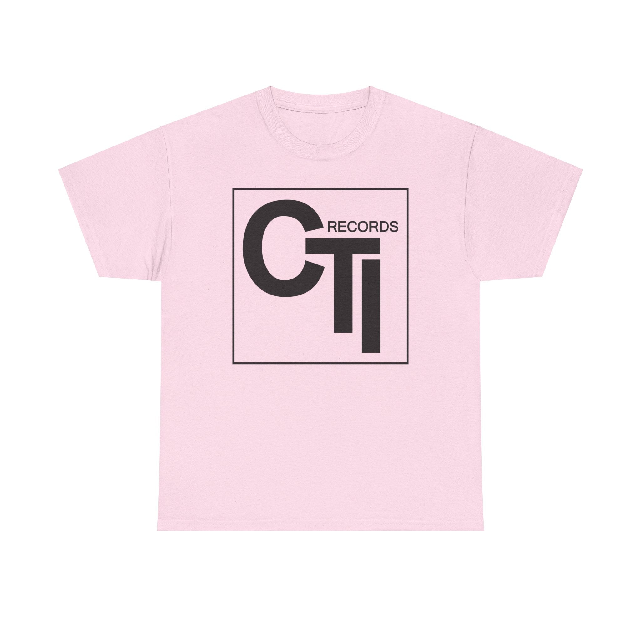 CTI Records Logo in black text on multi coloured t-shirts
