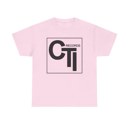 CTI Records Logo in black text on multi coloured t-shirts