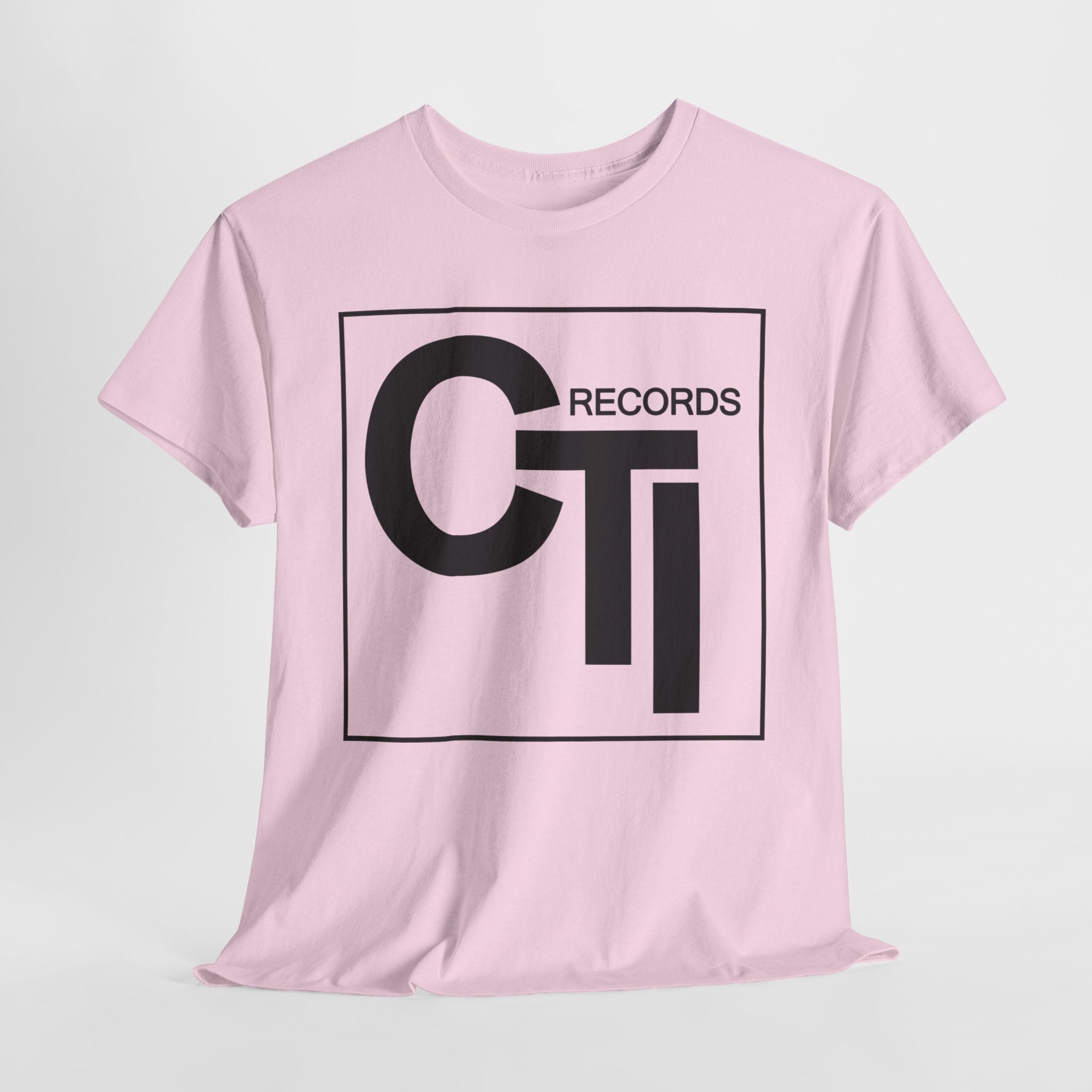 CTI Records Logo in black text on multi coloured t-shirts