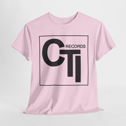 CTI Records Logo in black text on multi coloured t-shirts
