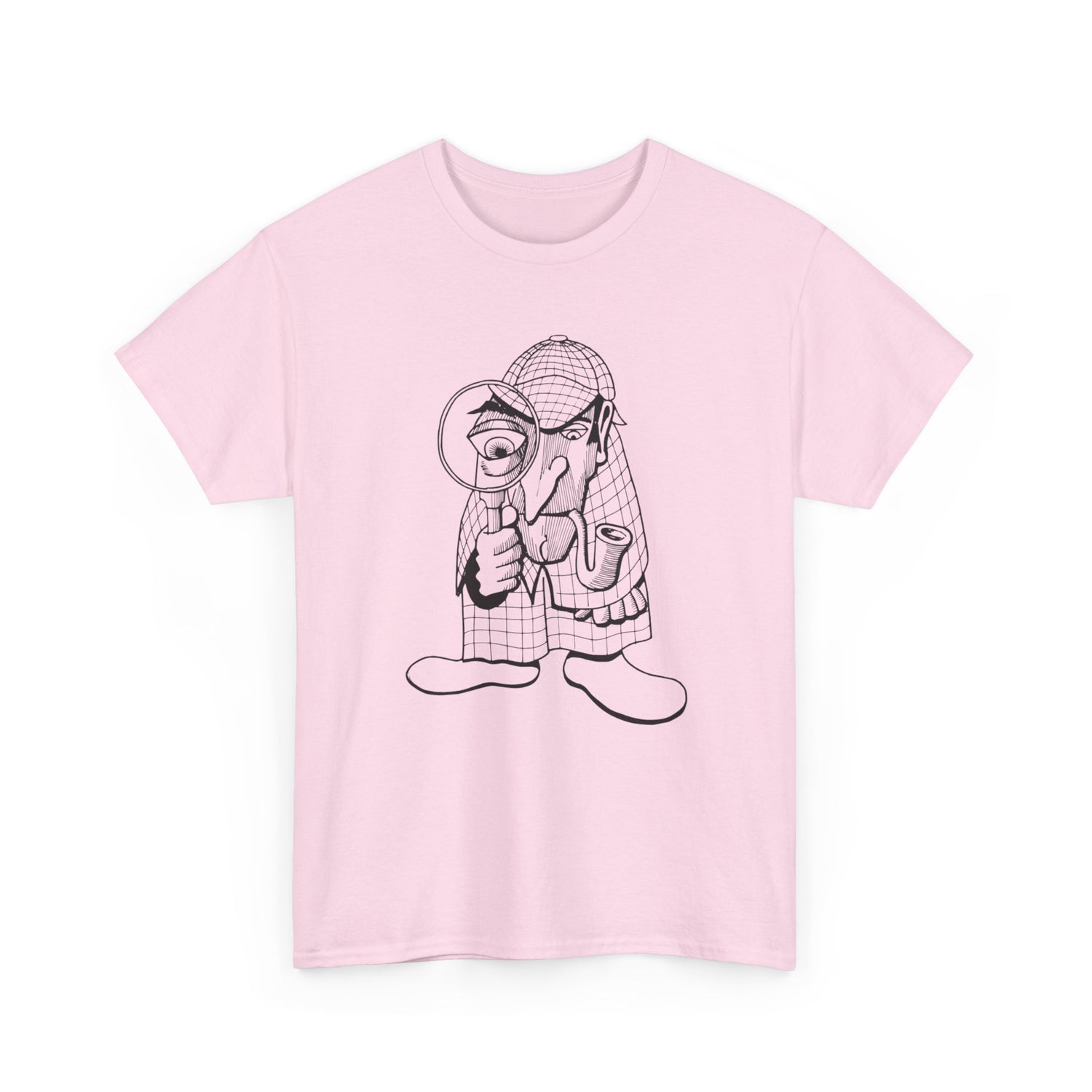 Pink t-shirt with a black and white graphic of a character holding a magnifying glass on a pink background