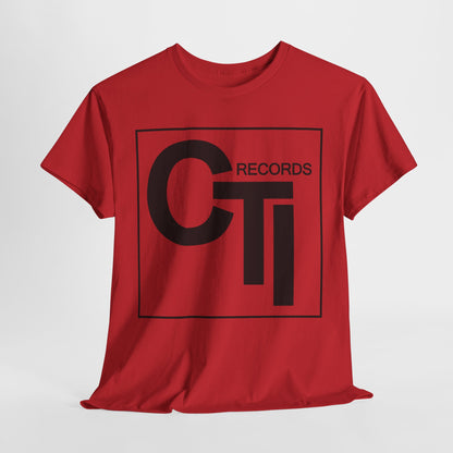 CTI Records Logo in black text on multi coloured t-shirts