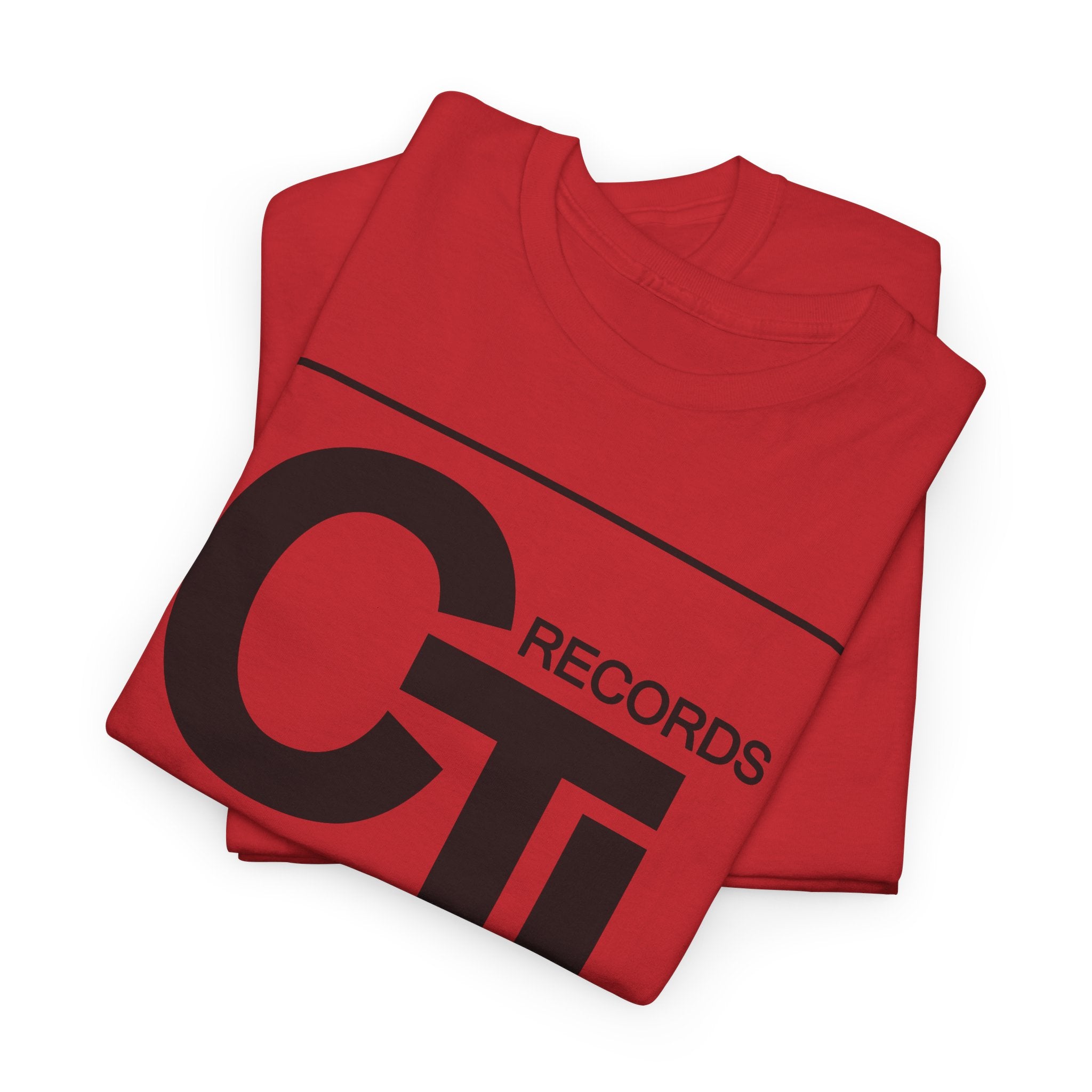 CTI Records Logo in black text on multi coloured t-shirts