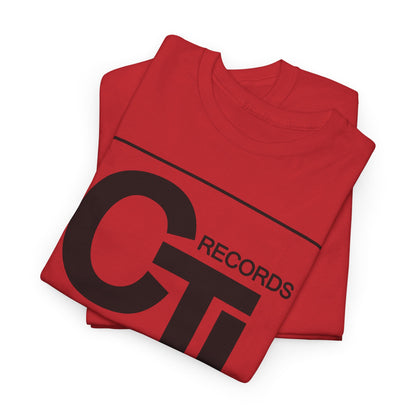 CTI Records Logo in black text on multi coloured t-shirts