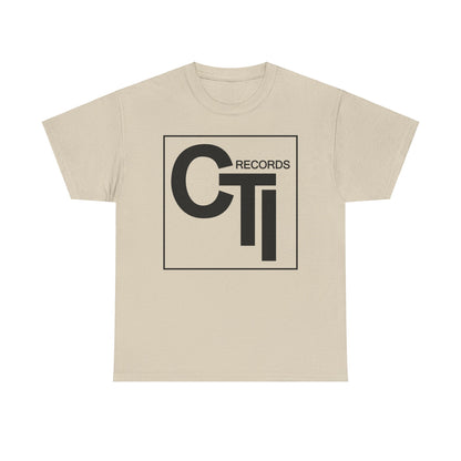 CTI Records Logo in black text on multi coloured t-shirts