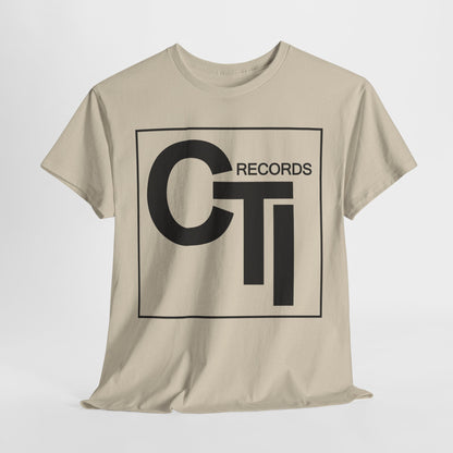 CTI Records Logo in black text on multi coloured t-shirts