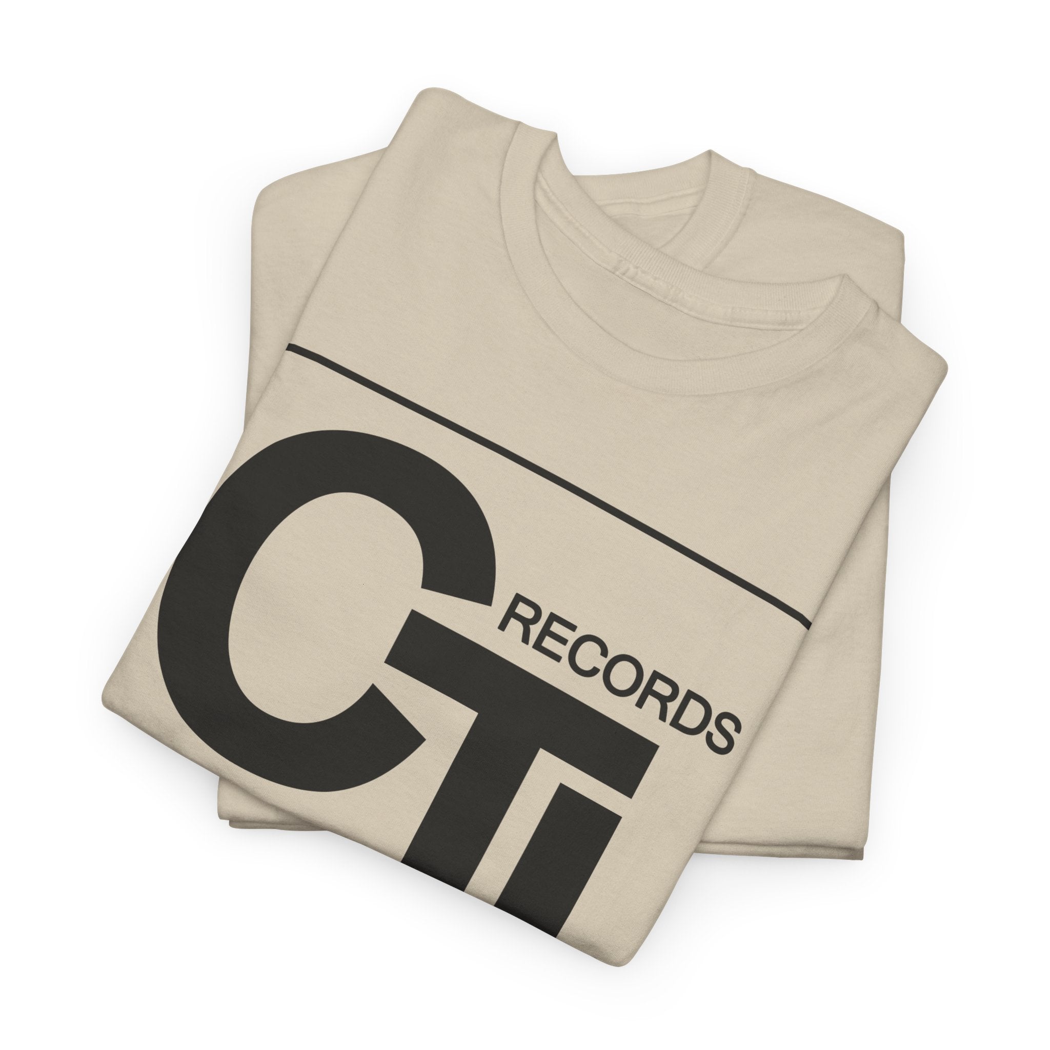 CTI Records Logo in black text on multi coloured t-shirts