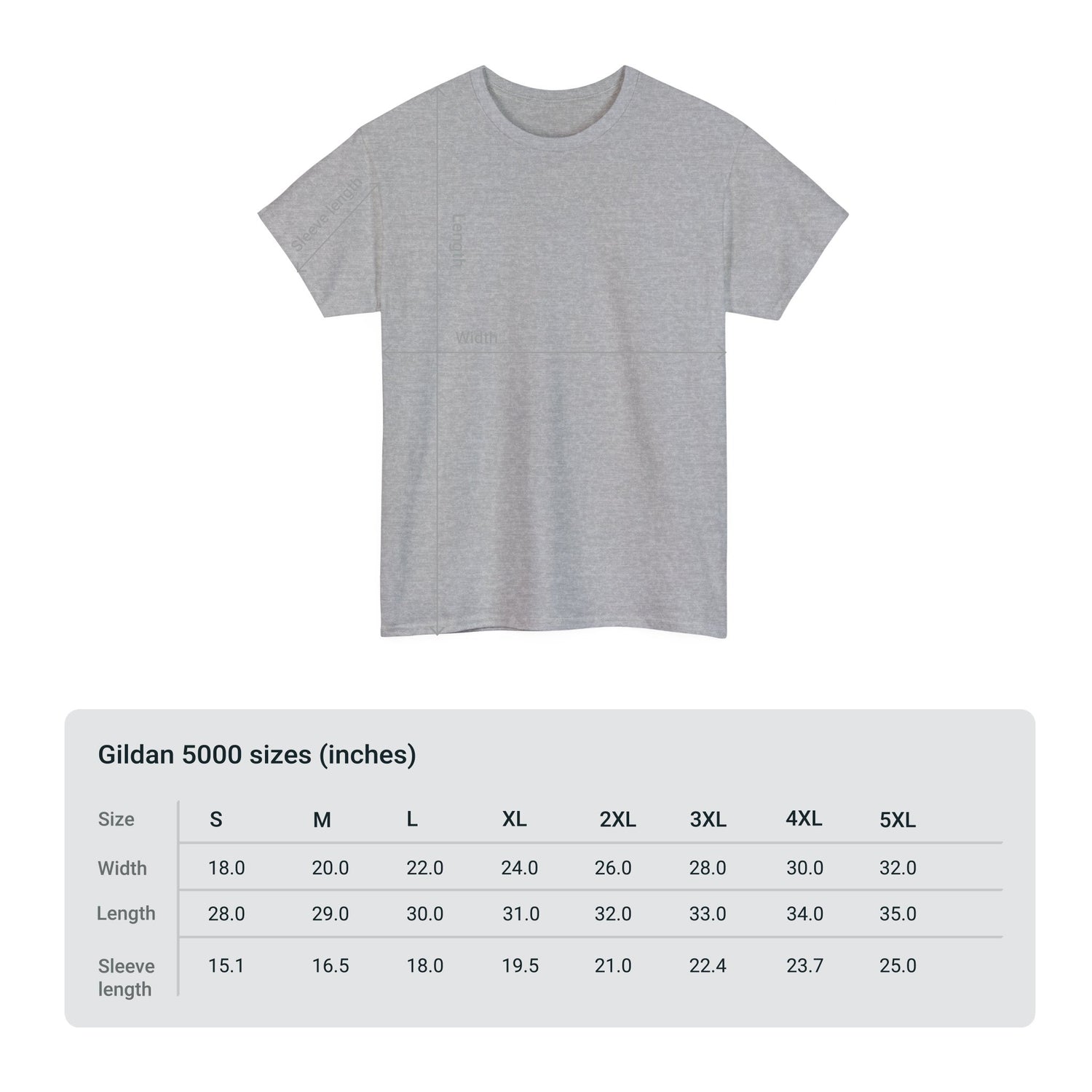 Grey t-shirt with measurement chart for Gildan 5000 sizes on a white background