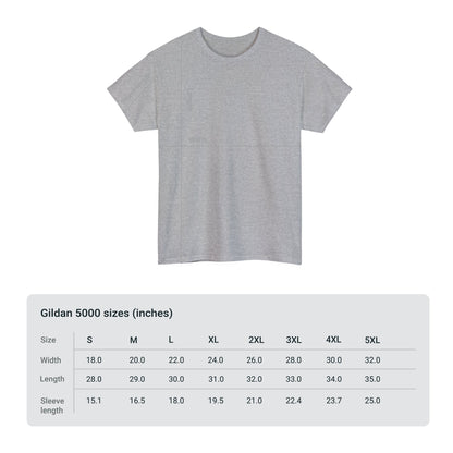 Grey t-shirt with measurement chart for Gildan 5000 sizes on a white background