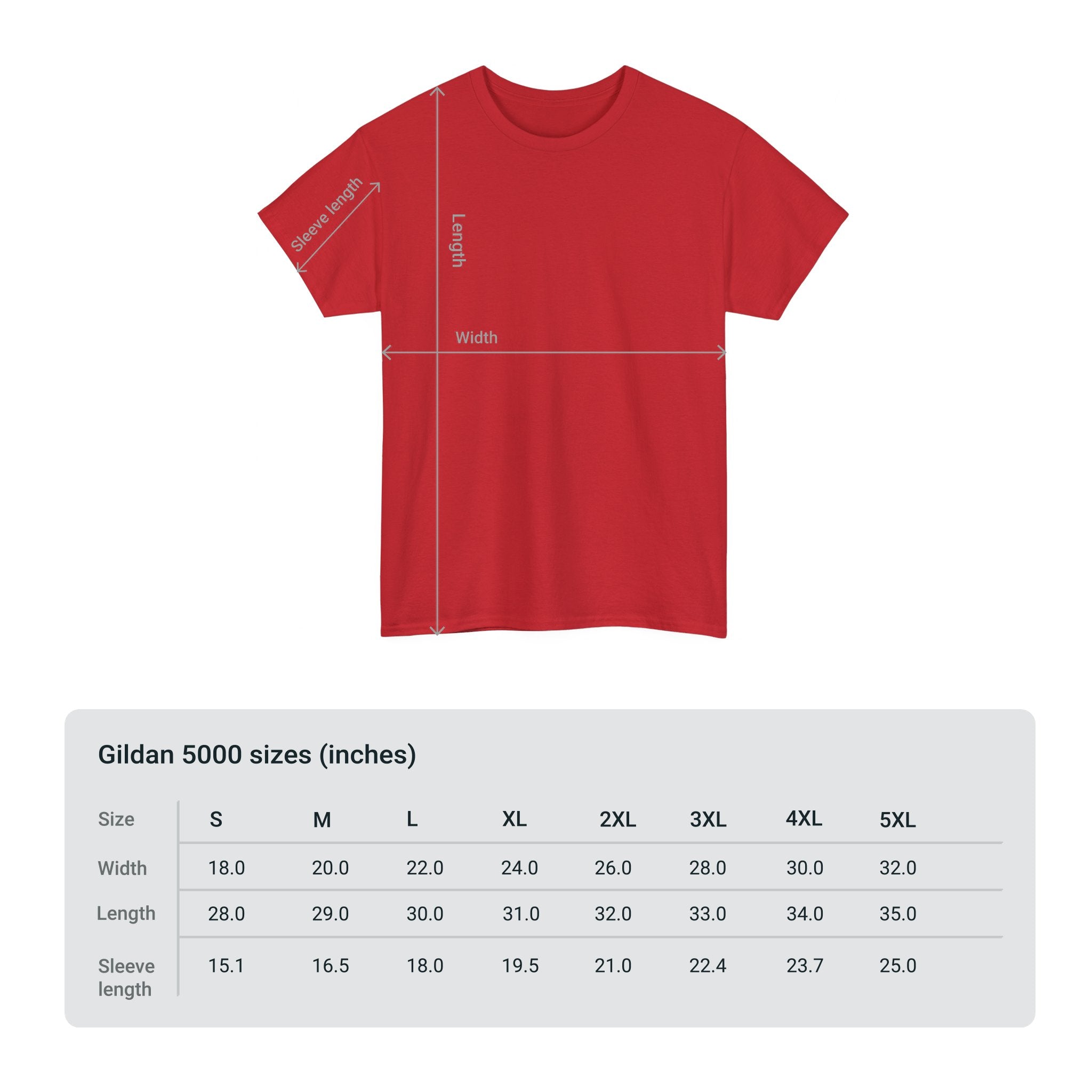 Red t-shirt with measurement chart for Gildan 5000 sizes on a white background