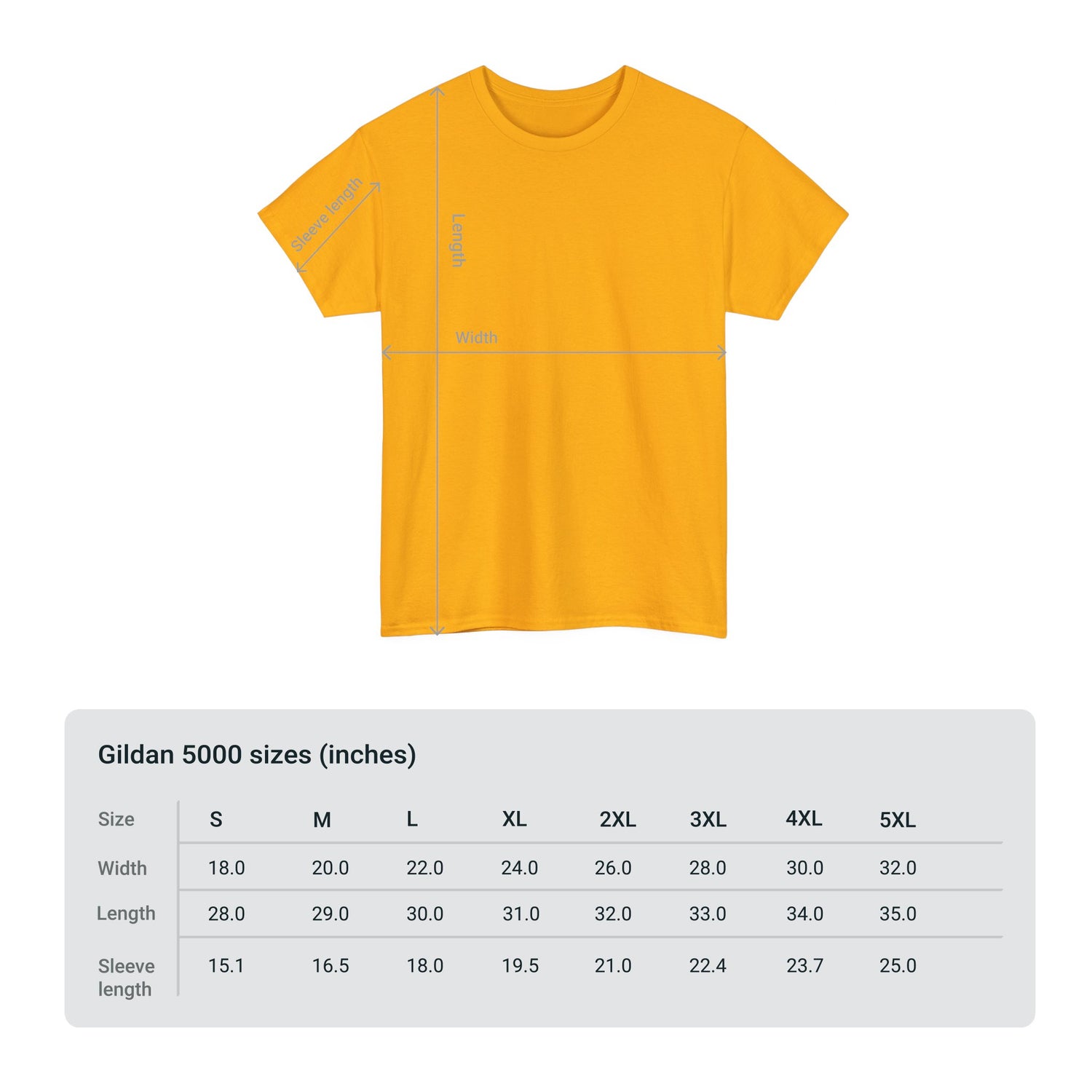 Yellow t-shirt with measurement chart for Gildan 5000 sizes on a white background