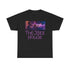 A t-shirt featuring ‘The Jazz House’ logo image of a trumpeter leaning against the wall of The Jazz House club playing, whilst purple smoke rises from his instrument. The scene is set in a dimly lit alley. The rear of the shirt has the website URL with the words ‘Jazz Clothing.’