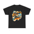 Black t shirt with the words ‘Think Jazz’ in a colourful abstract print.