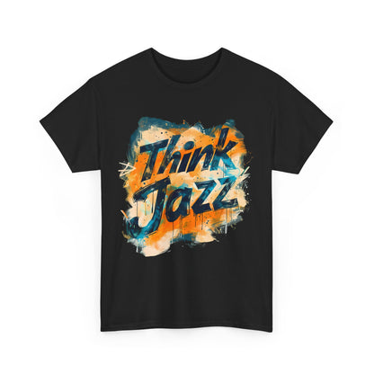 Black t shirt with the words ‘Think Jazz’ in a colourful abstract print.