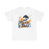 White t shirt with a blue and gold abstract design of a sax player with the words ‘Think jazz’ integrated into the design.