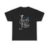 Black t-shirt with a small white trumpet with musical notes