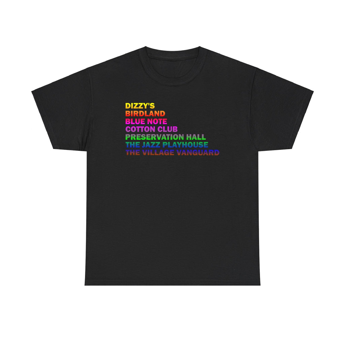 A black t shirt depicting the best Jazz clubs in the USA