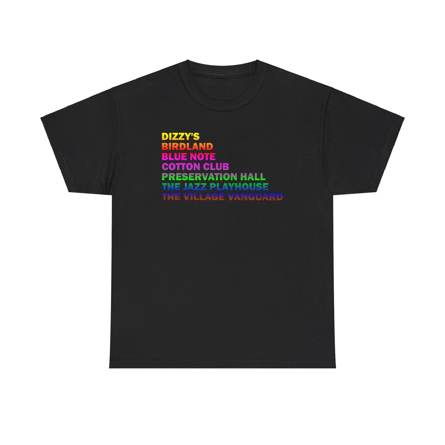 A black t shirt depicting the best Jazz clubs in the USA
