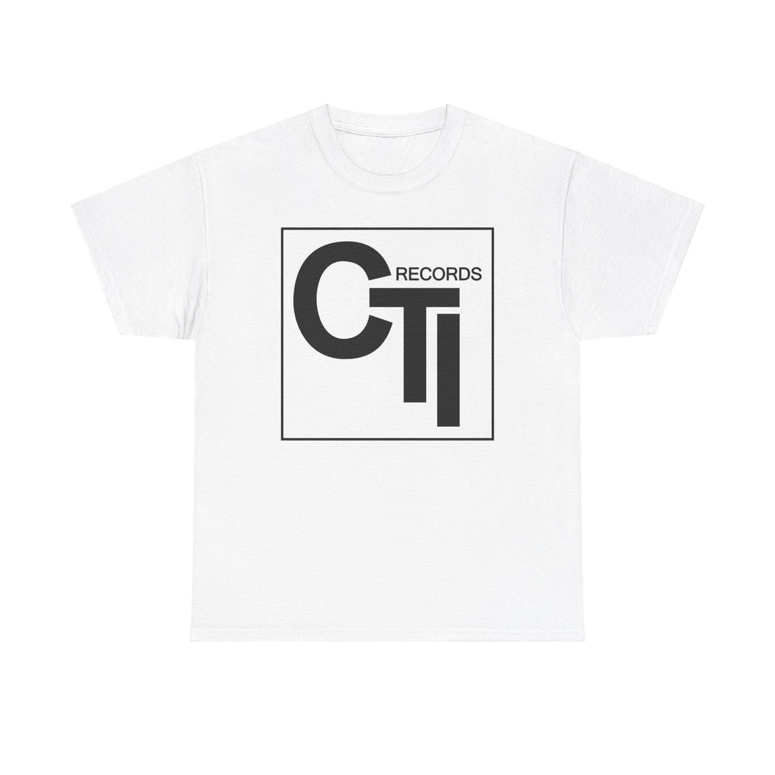 CTI Records Logo in black text on multi coloured t-shirts