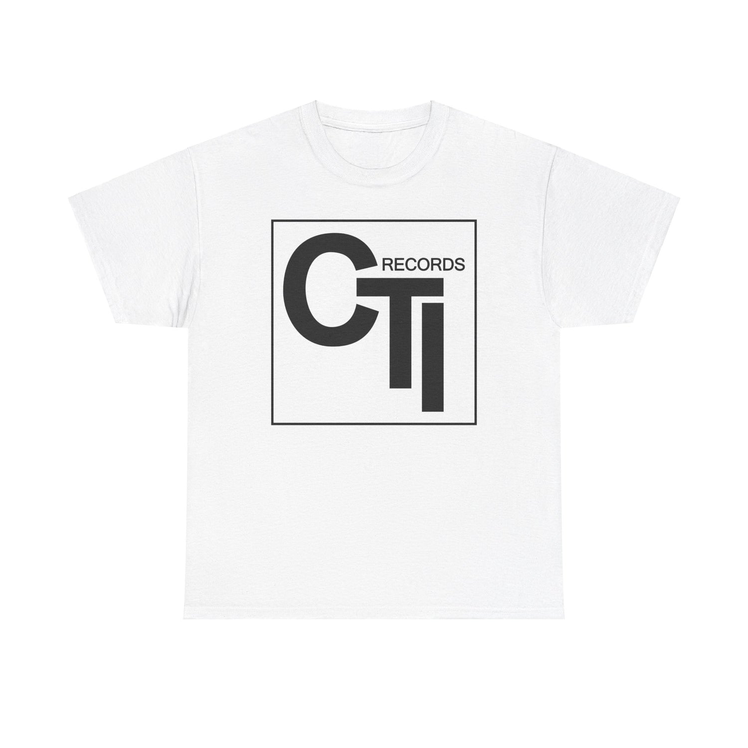 CTI Records Logo in black text on multi coloured t-shirts