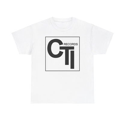 CTI Records Logo in black text on multi coloured t-shirts