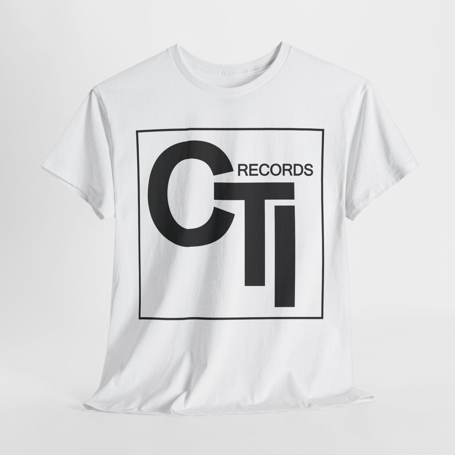 CTI Records Logo in black text on multi coloured t-shirts