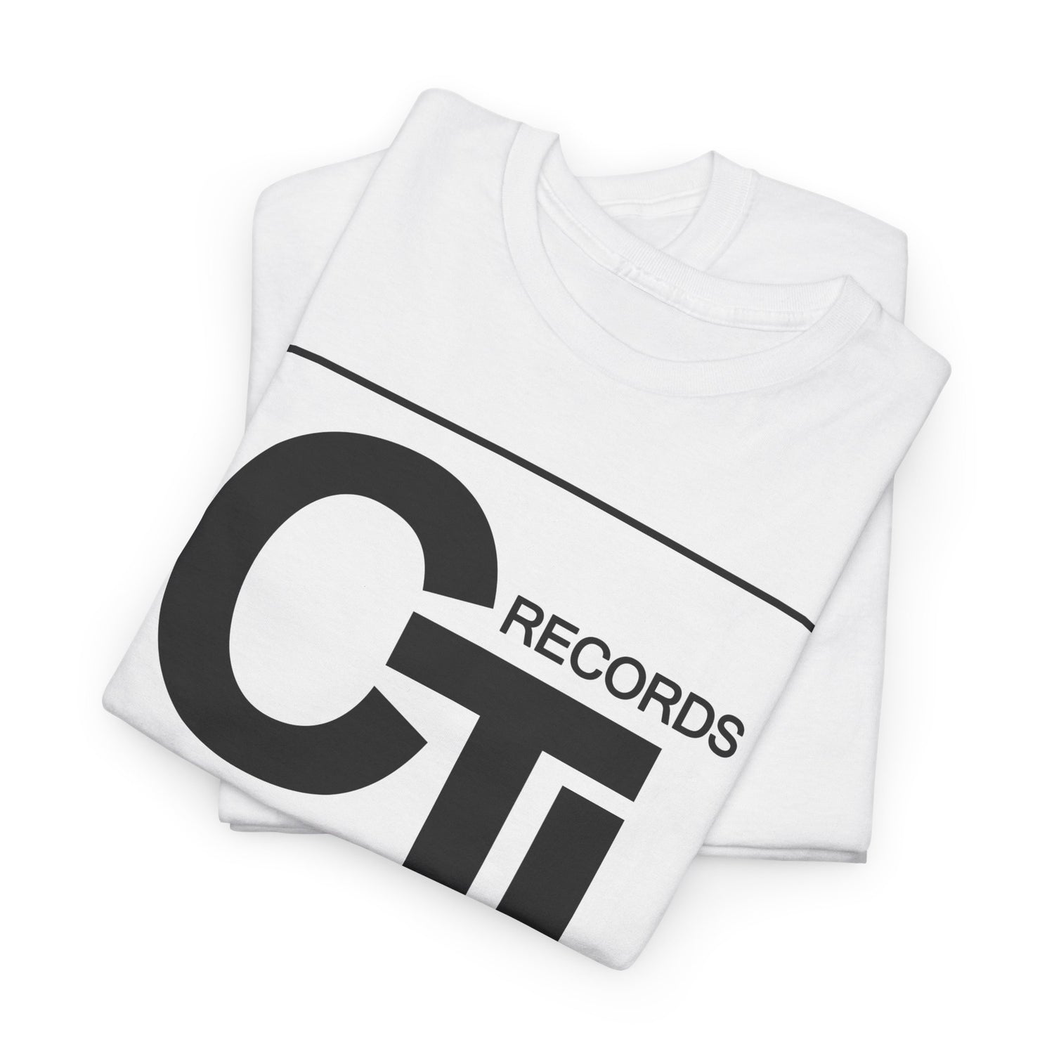 CTI Records Logo in black text on multi coloured t-shirts