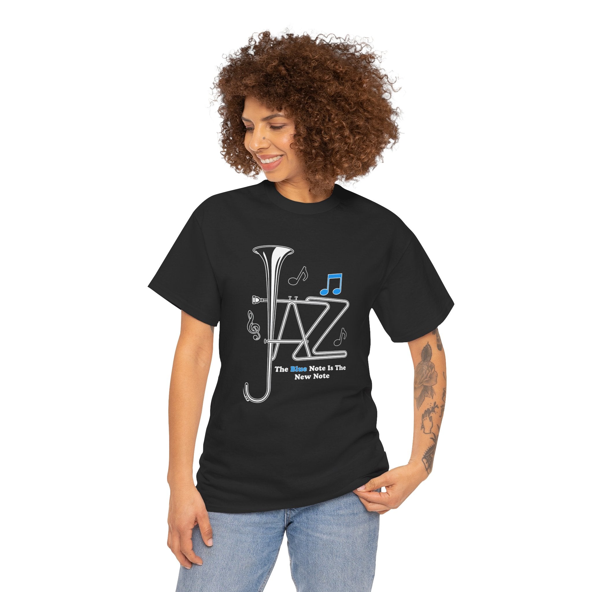 Woman wearing a blue note trumpet design t shirt