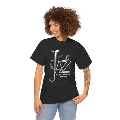 Woman wearing a blue note trumpet design t shirt