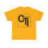 CTI Records Logo in black text on multi coloured t-shirts