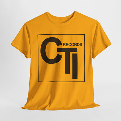 CTI Records Logo in black text on multi coloured t-shirts
