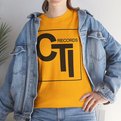 CTI Records Logo in black text on multi coloured t-shirts